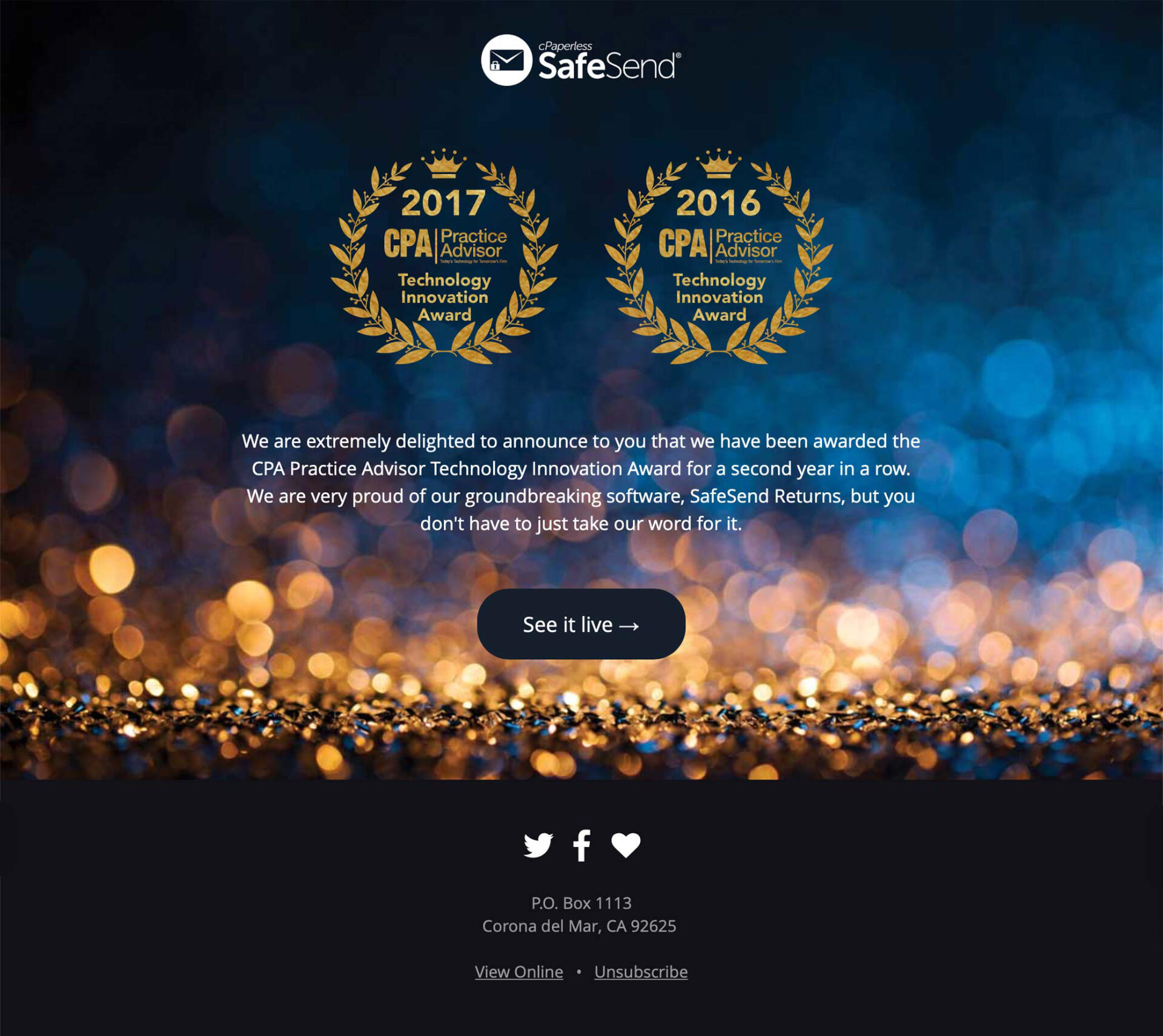 Screenshot of email featuring SafeSend's awards.