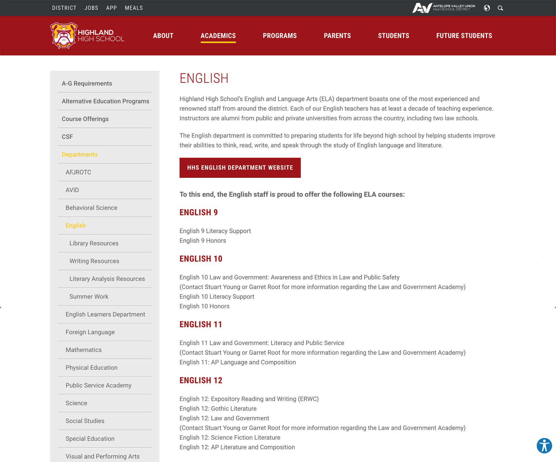 Screenshot of Highland High School's rebuilt English Department web page.