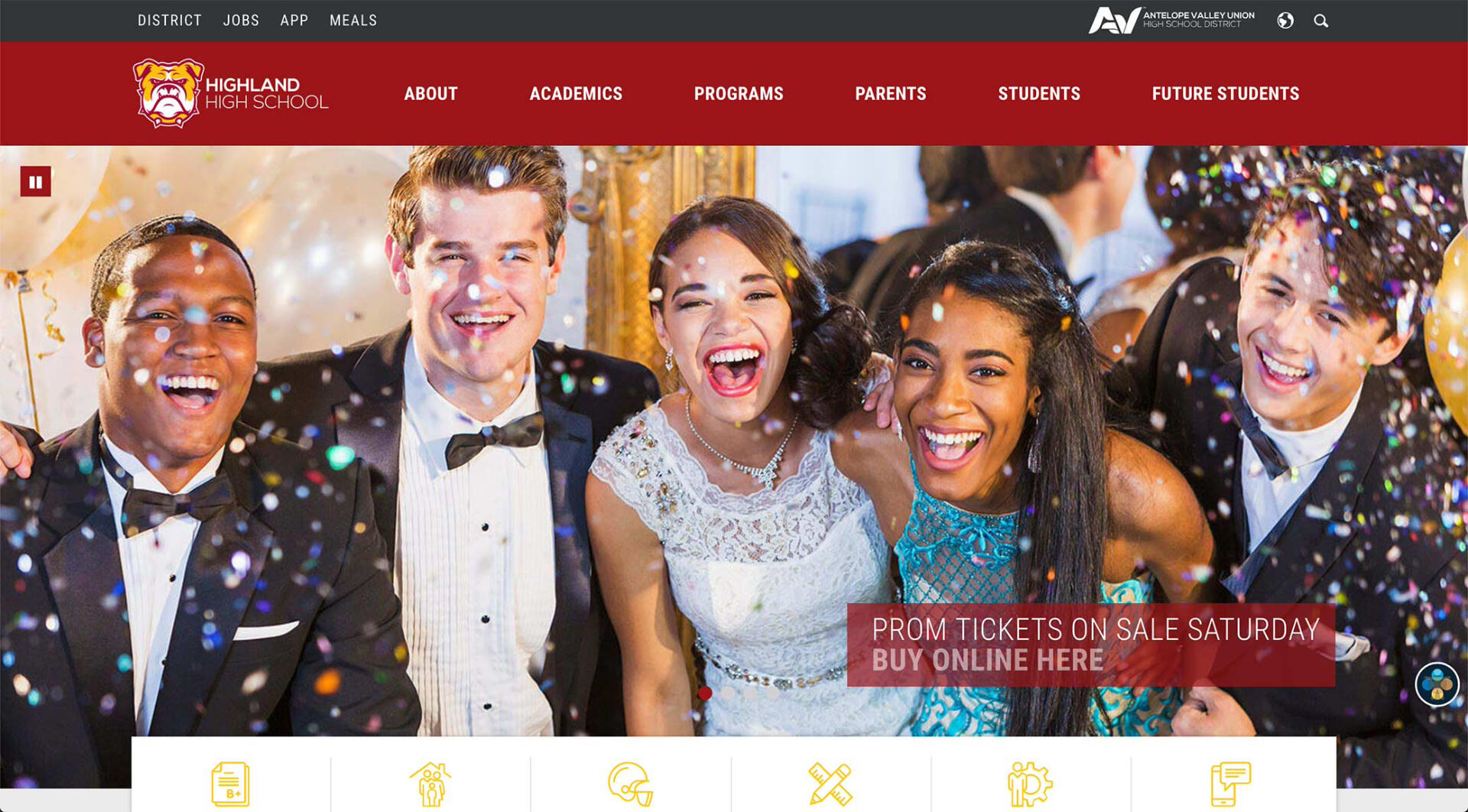 Screenshot of Highland High School front page slider featuring Prom tickets.